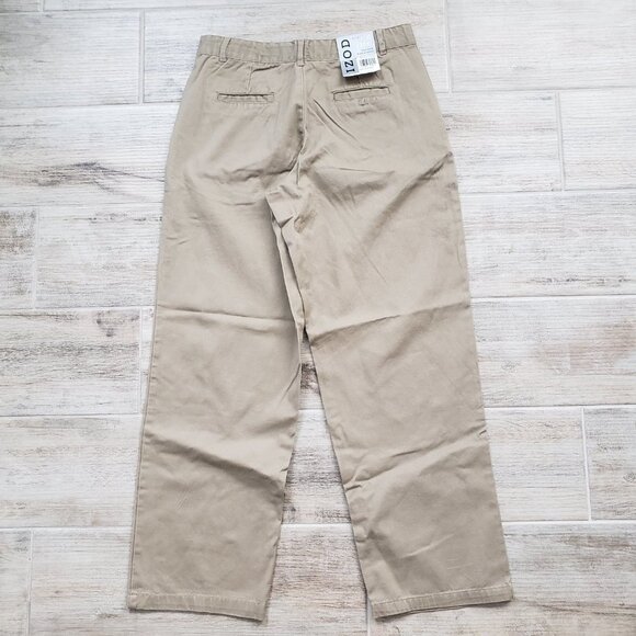 NWT Izod Boys Flat Front Husky Khaki Pants Straight Leg School Uniform Tan 16 - Picture 1 of 6